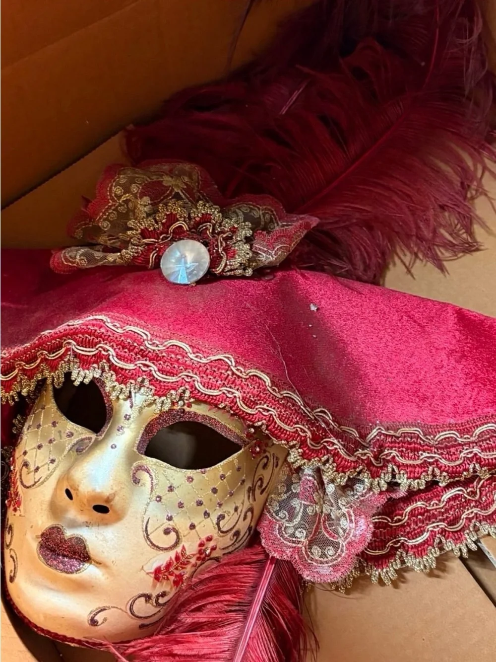 Luxurious Burgundy Feathered Handmade Venetian Masquerade Mask